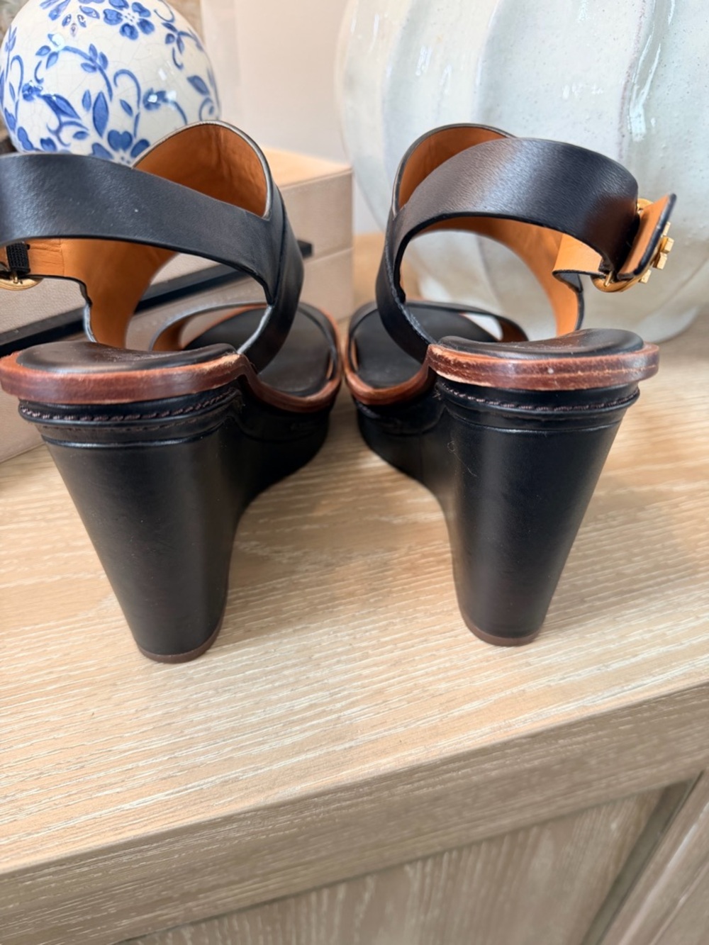 Tory Burch Selby Black Wedge Sandals with Brown Trim and Gold Buckle - Picture 5 of 6